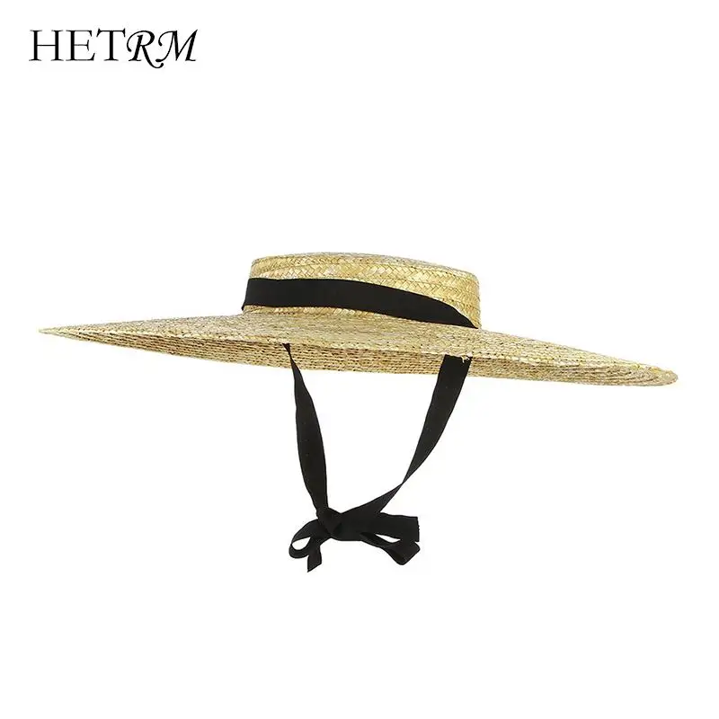 Moterys Raffia Wide Brim Boater Hat 12/15/18cm Brim Straw Hat Flat Women Summer With White Black Ribbon Tie Sun Hat Beach Cap Nuotrauka 1