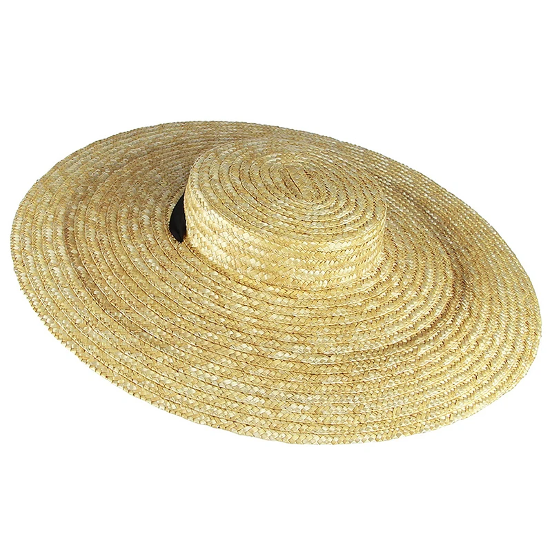 Moterys Raffia Wide Brim Boater Hat 12/15/18cm Brim Straw Hat Flat Women Summer With White Black Ribbon Tie Sun Hat Beach Cap Nuotrauka 2