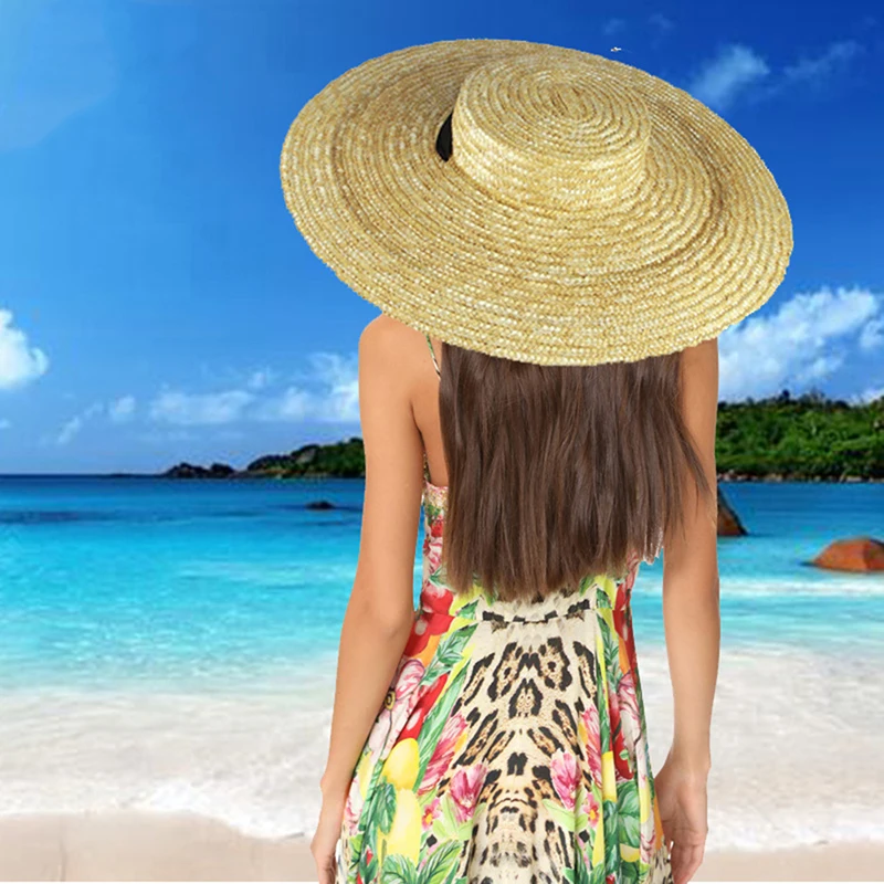Moterys Raffia Wide Brim Boater Hat 12/15/18cm Brim Straw Hat Flat Women Summer With White Black Ribbon Tie Sun Hat Beach Cap Nuotrauka 3