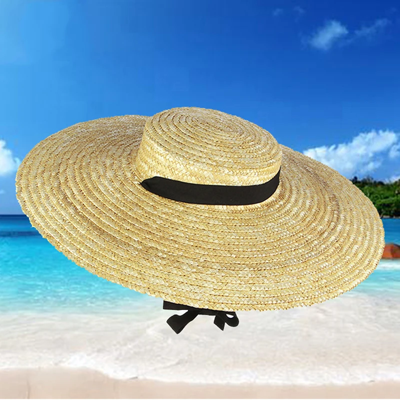 Moterys Raffia Wide Brim Boater Hat 12/15/18cm Brim Straw Hat Flat Women Summer With White Black Ribbon Tie Sun Hat Beach Cap Nuotrauka 4