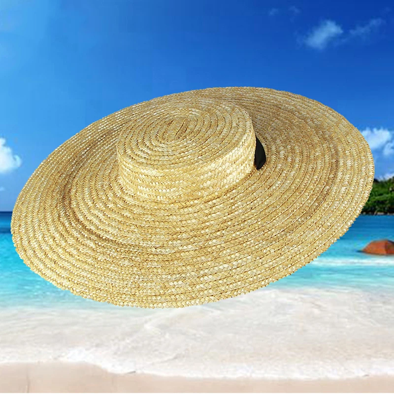 Moterys Raffia Wide Brim Boater Hat 12/15/18cm Brim Straw Hat Flat Women Summer With White Black Ribbon Tie Sun Hat Beach Cap Nuotrauka 5