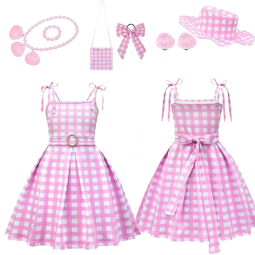 Margot Kids Girls Pink Dress Movie Barbier Cosplay kostiumas Kepurės krepšys Karoliai Vaikų audinio apranga Helovino karnavalo vakarėlio kostiumas Nuotrauka 0