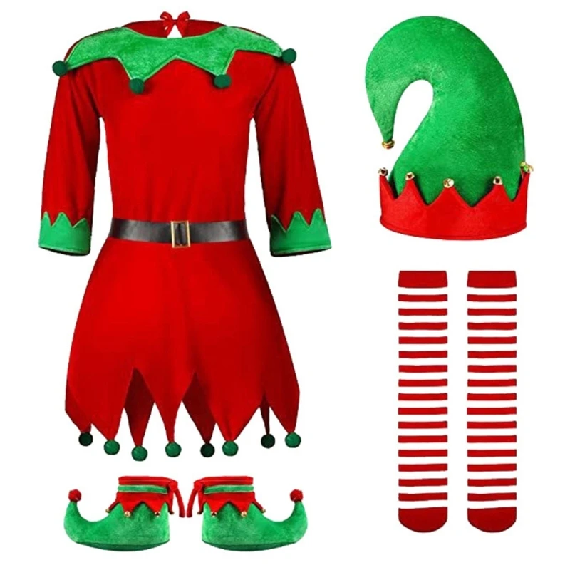 Kalėdinė elfo suknelė Vaikiškas puošnus suknelės kostiumas, Vaikų kalėdinio elfo kostiumo komplektas Kalėdų vakarėliui Gimtadienio vakarėlis T8NB Nuotrauka 0
