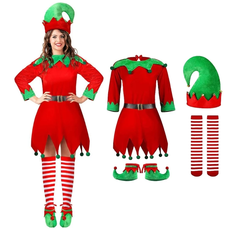 Kalėdinė elfo suknelė Vaikiškas puošnus suknelės kostiumas, Vaikų kalėdinio elfo kostiumo komplektas Kalėdų vakarėliui Gimtadienio vakarėlis T8NB Nuotrauka 1