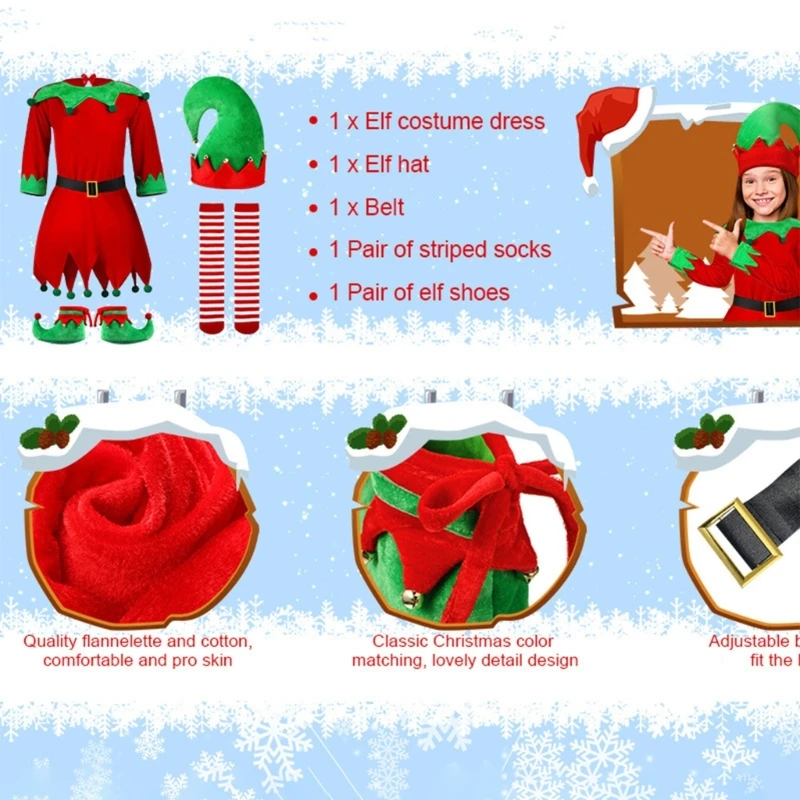 Kalėdinė elfo suknelė Vaikiškas puošnus suknelės kostiumas, Vaikų kalėdinio elfo kostiumo komplektas Kalėdų vakarėliui Gimtadienio vakarėlis T8NB Nuotrauka 3