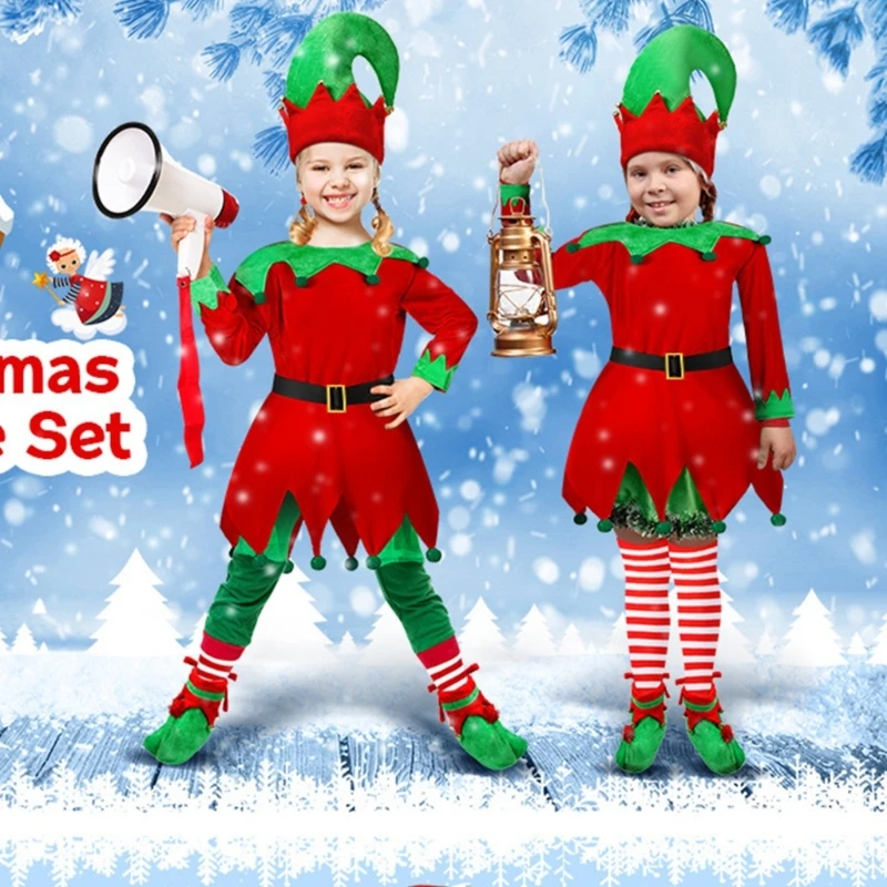 Kalėdinė elfo suknelė Vaikiškas puošnus suknelės kostiumas, Vaikų kalėdinio elfo kostiumo komplektas Kalėdų vakarėliui Gimtadienio vakarėlis T8NB Nuotrauka 5