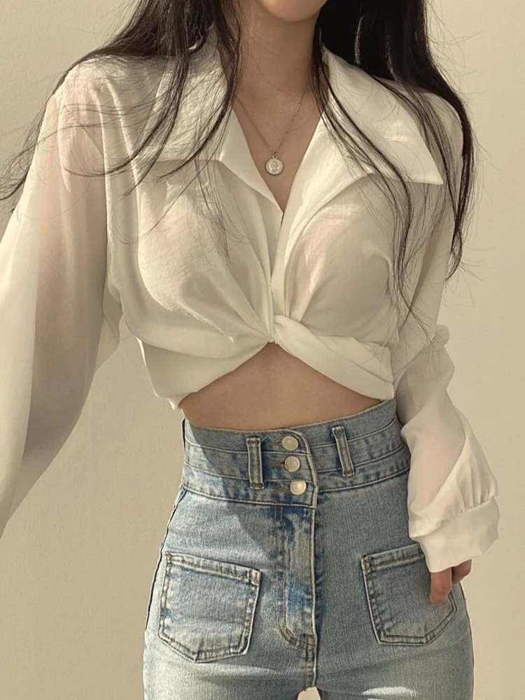 2024 Korėjietiški mados marškiniai Moteriška vientisos spalvos mada Paprasta ir universali priemiestinė akademija Vasaros patogus seksualus plonas prigludimas Nuotrauka 1