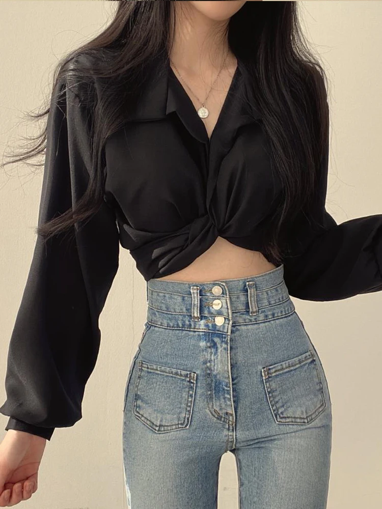 2024 Korėjietiški mados marškiniai Moteriška vientisos spalvos mada Paprasta ir universali priemiestinė akademija Vasaros patogus seksualus plonas prigludimas Nuotrauka 3