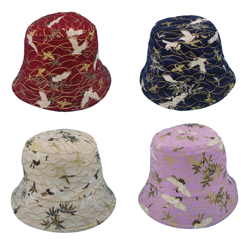 Fashion Crane Print Pattern Bucket Hats Men Women Cotton Outdoor Reversible Fisherman Caps Beach Fishing Hat Girl Boy Hat CP037 Nuotrauka 0