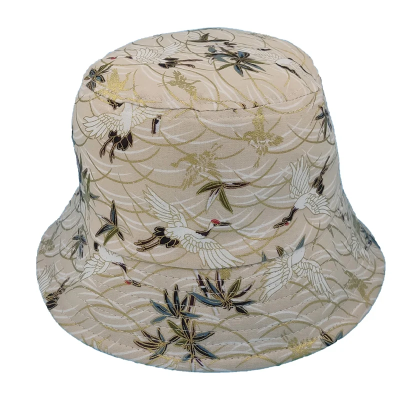 Fashion Crane Print Pattern Bucket Hats Men Women Cotton Outdoor Reversible Fisherman Caps Beach Fishing Hat Girl Boy Hat CP037 Nuotrauka 2