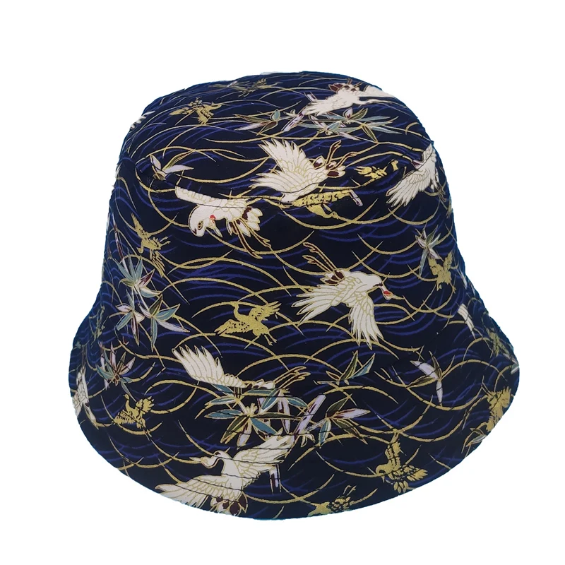 Fashion Crane Print Pattern Bucket Hats Men Women Cotton Outdoor Reversible Fisherman Caps Beach Fishing Hat Girl Boy Hat CP037 Nuotrauka 3