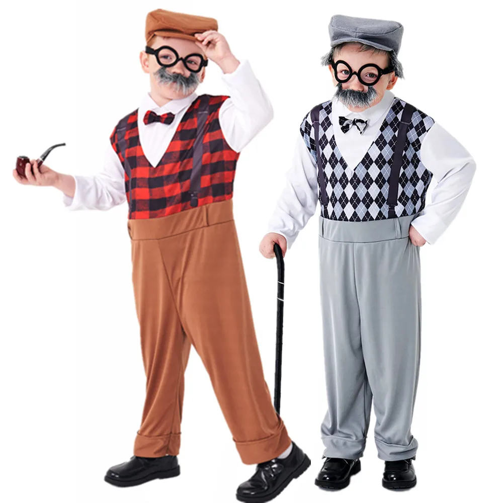 Halloween Cosplay Senio kostiumas vaikams 100-oji mokyklos diena Senelio kostiumų priedai, įskaitant skrybėlės akinius Barzdos gangsteris Nuotrauka 0