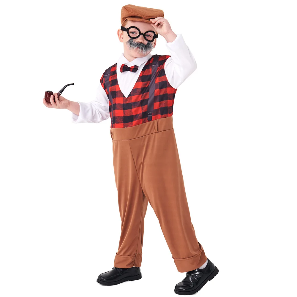 Halloween Cosplay Senio kostiumas vaikams 100-oji mokyklos diena Senelio kostiumų priedai, įskaitant skrybėlės akinius Barzdos gangsteris Nuotrauka 4