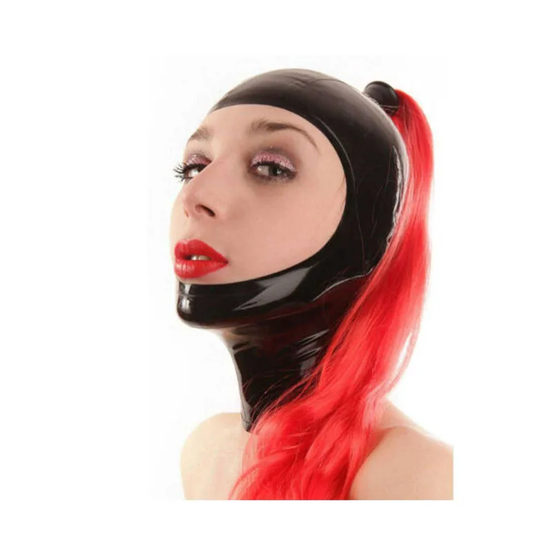 Rankų darbo raudonas latekso gaubtas su ponytail peruku Guminė kaukė Atviras veidas su plaukais Pigtail Tube Halloween Cosplay kostiumai moterims Nuotrauka 1