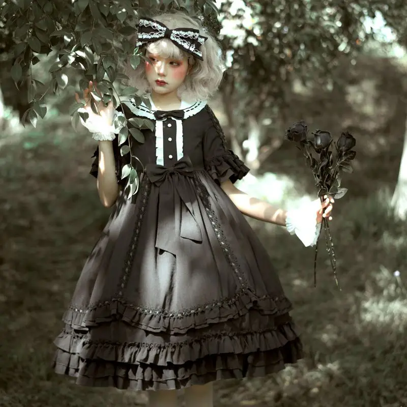 Aukštu liemeniu juoda retro teismo stiliaus Lolitos princesės suknelė Japoniškas gotikinis Lolitos Helovino kostiumas Dovana mergaičių vakarėlių suknelėms Nuotrauka 0