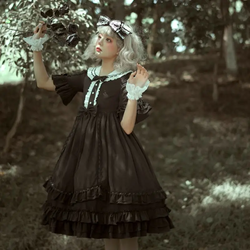 Aukštu liemeniu juoda retro teismo stiliaus Lolitos princesės suknelė Japoniškas gotikinis Lolitos Helovino kostiumas Dovana mergaičių vakarėlių suknelėms Nuotrauka 1