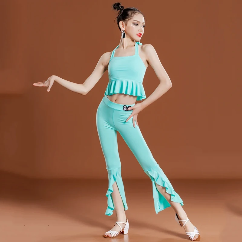 Mint Green Latin Dance Drabužiai mergaitėms Tango pramoginių šokių praktika Dėvėti viršutines kelnes Vaikai Samba ChaCha Performance Wear DL10015 Nuotrauka 0