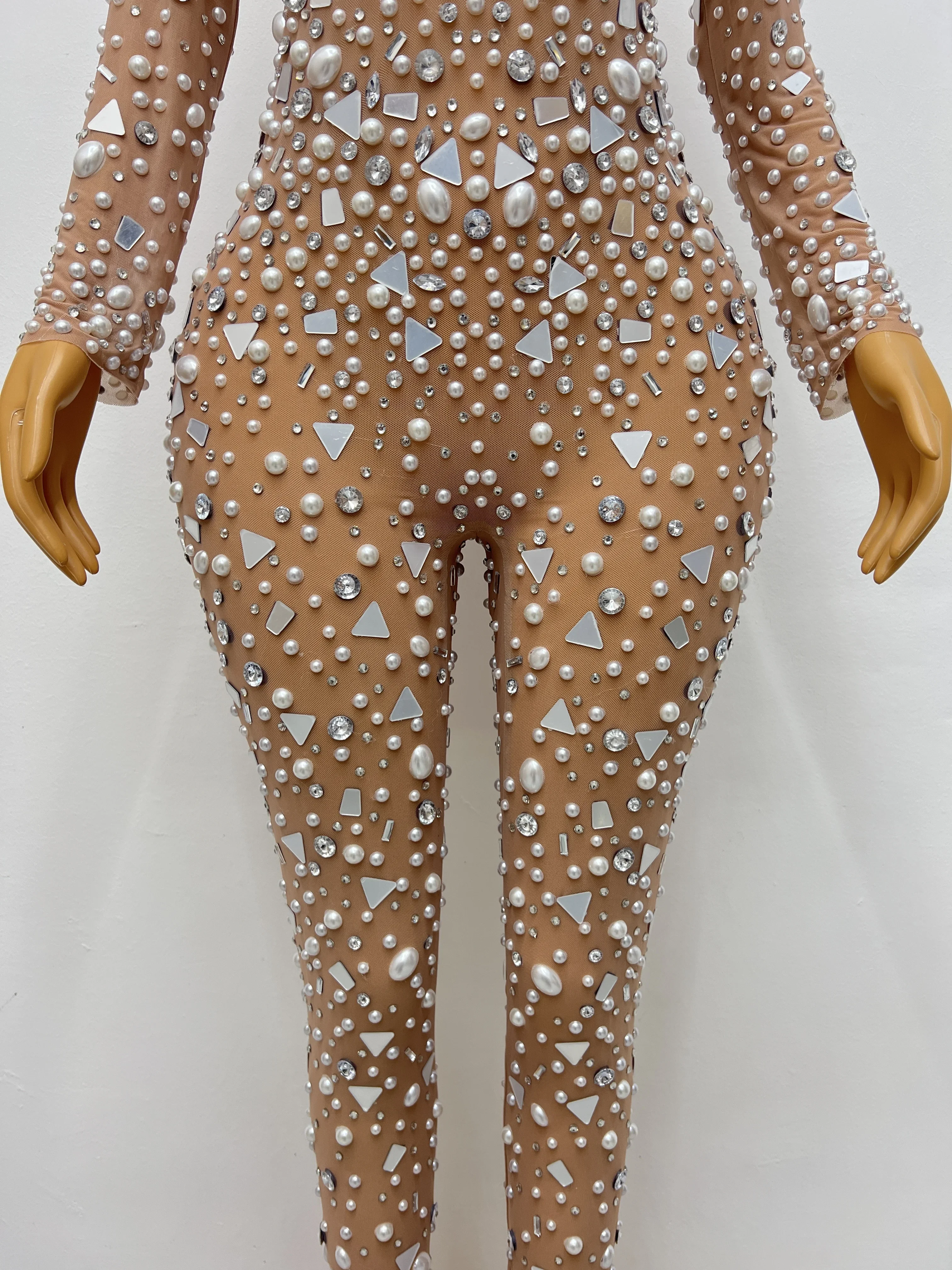 Special Big Pearls Crystals Nude Transparent Body Evening Birthday Celebrate Apranga Sexy Singer Rhinestones kombinezonas Nuotrauka 4