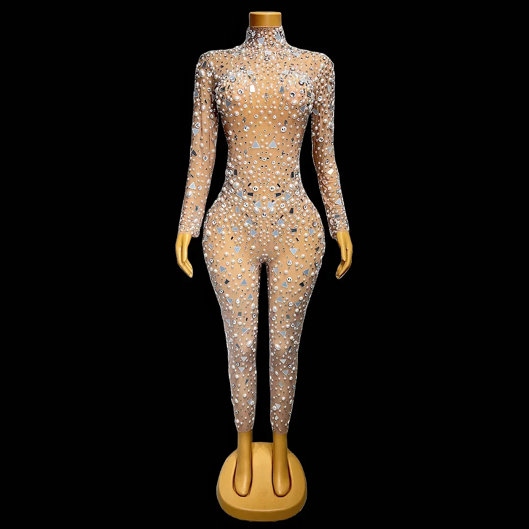 Special Big Pearls Crystals Nude Transparent Body Evening Birthday Celebrate Apranga Sexy Singer Rhinestones kombinezonas Nuotrauka 5