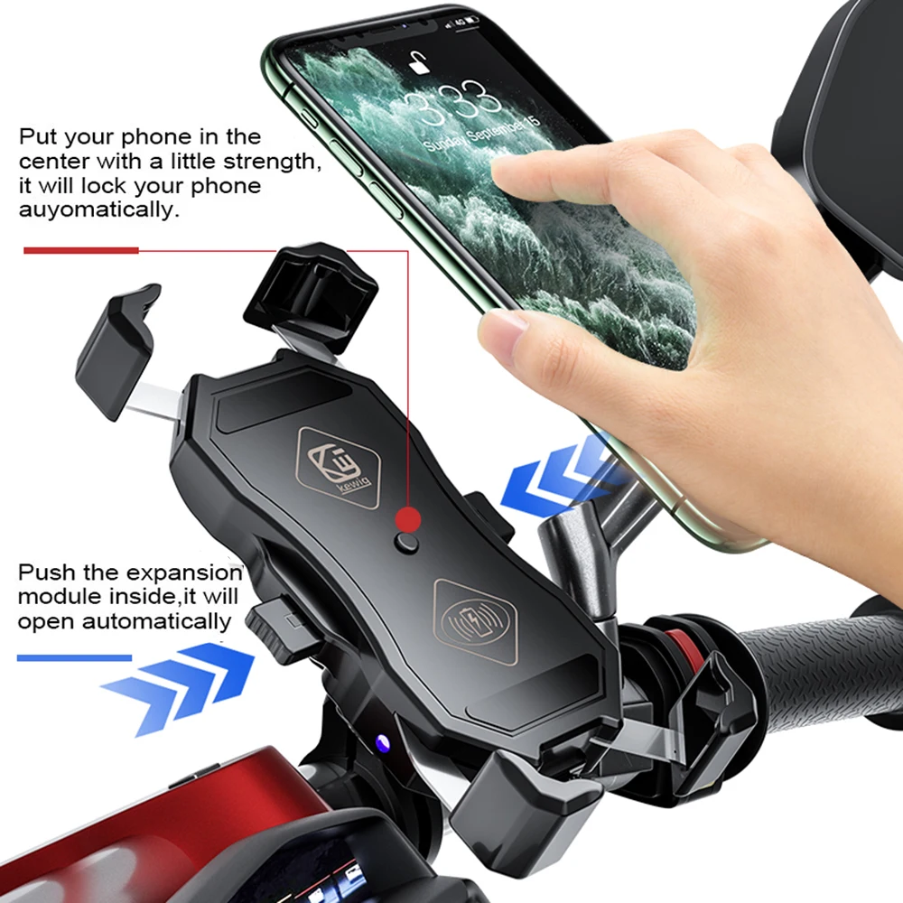 2022 Atnaujintas motociklo telefono laikiklis 15 W belaidis įkroviklis USB QC3.0 greito įkrovimo dviračio išmaniojo telefono stovo 360 mobiliųjų telefonų palaikymas Nuotrauka 1