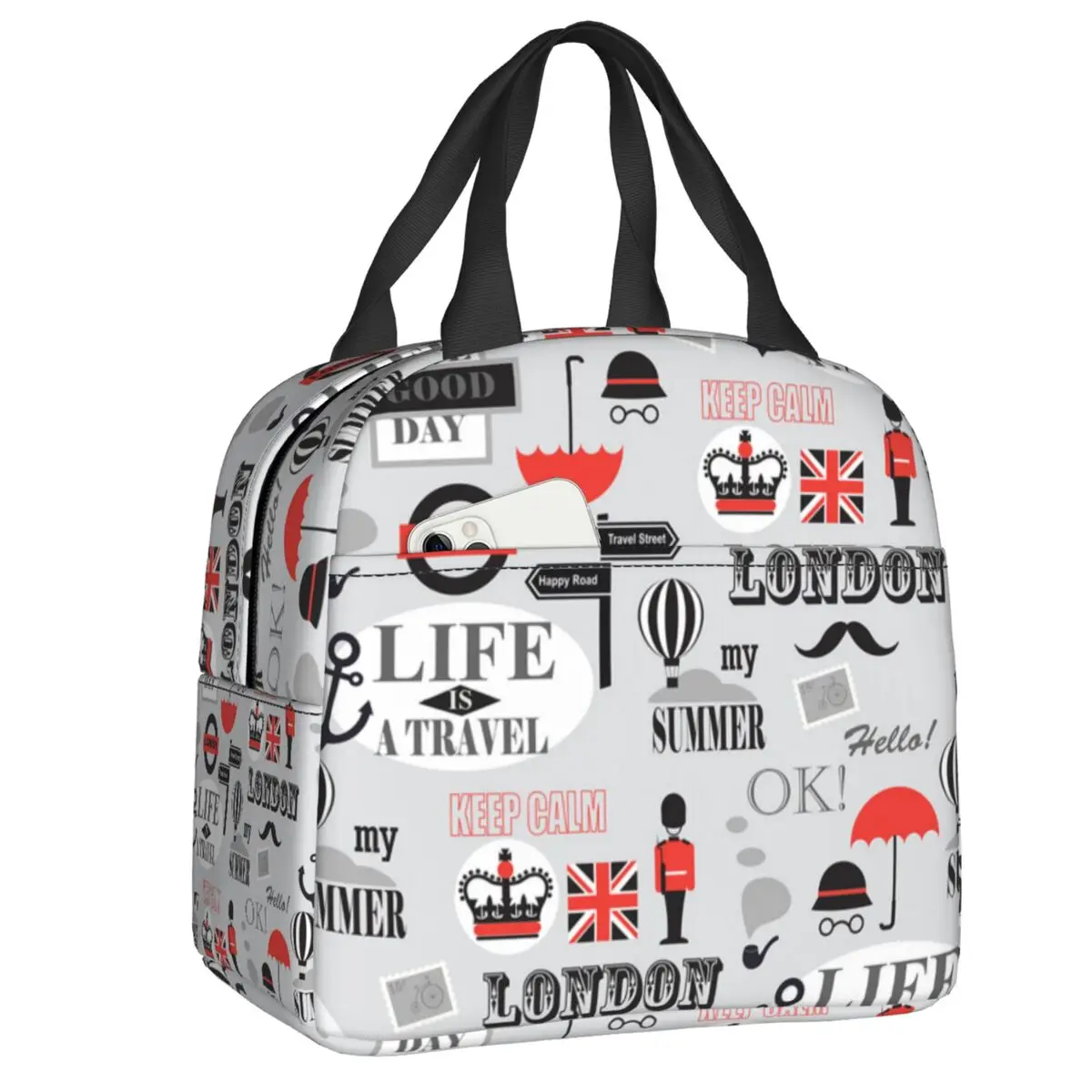 British London Pattern Lunch Bag Aušintuvas Termiškai izoliuotas Jungtinė Karalystė JK logotipas Pietų dėžutė mokykliniam pikniko maistui Tote krepšiai Nuotrauka 0