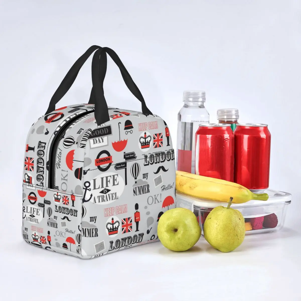 British London Pattern Lunch Bag Aušintuvas Termiškai izoliuotas Jungtinė Karalystė JK logotipas Pietų dėžutė mokykliniam pikniko maistui Tote krepšiai Nuotrauka 4