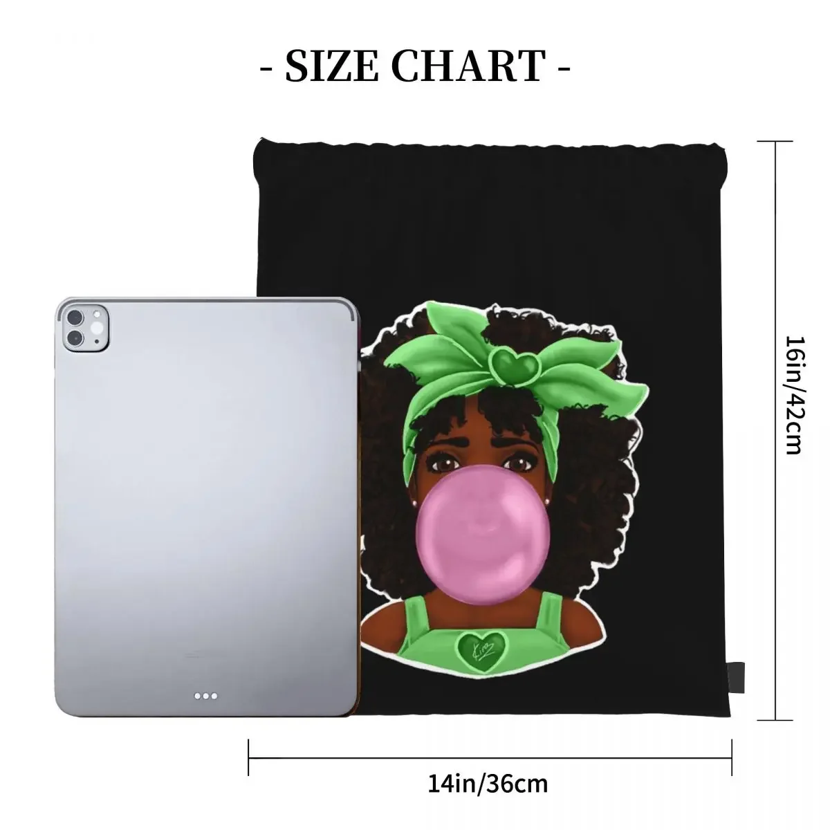Green Bubble Gum Pretty Black Girl Art Design Kuprinės Casual Portable Drawstring Bags Storage Bag BookBag For Travel School Nuotrauka 1