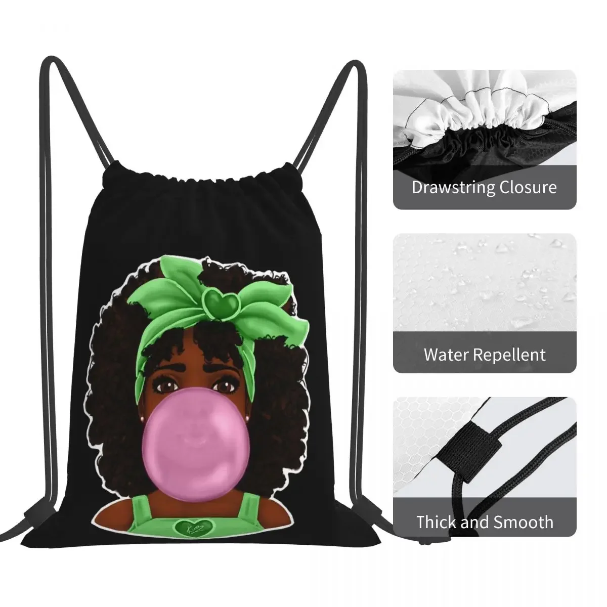 Green Bubble Gum Pretty Black Girl Art Design Kuprinės Casual Portable Drawstring Bags Storage Bag BookBag For Travel School Nuotrauka 2