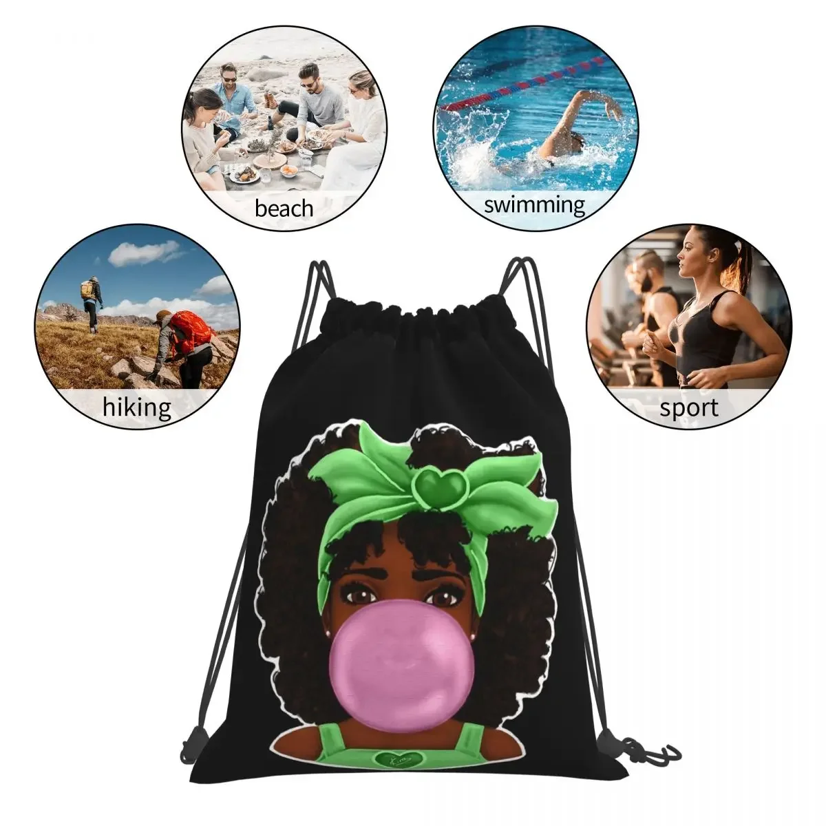 Green Bubble Gum Pretty Black Girl Art Design Kuprinės Casual Portable Drawstring Bags Storage Bag BookBag For Travel School Nuotrauka 3