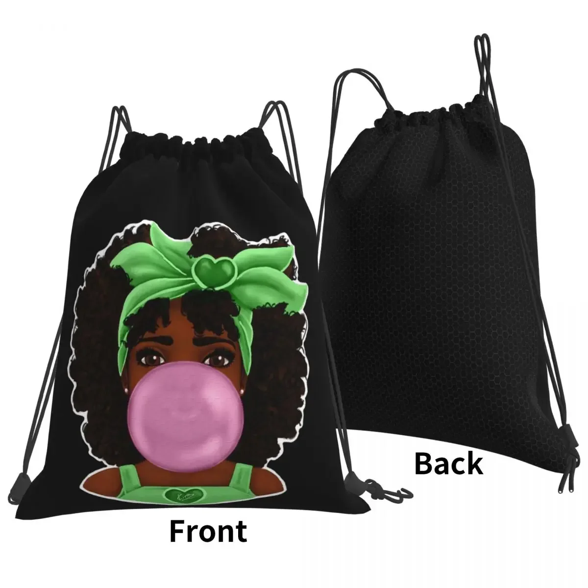 Green Bubble Gum Pretty Black Girl Art Design Kuprinės Casual Portable Drawstring Bags Storage Bag BookBag For Travel School Nuotrauka 4