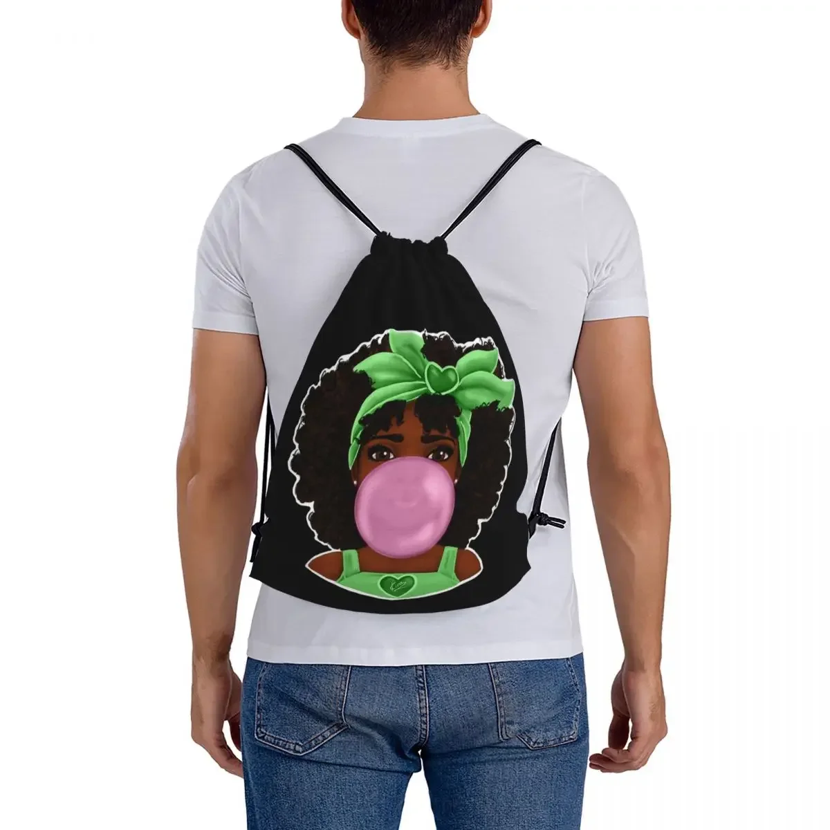 Green Bubble Gum Pretty Black Girl Art Design Kuprinės Casual Portable Drawstring Bags Storage Bag BookBag For Travel School Nuotrauka 5