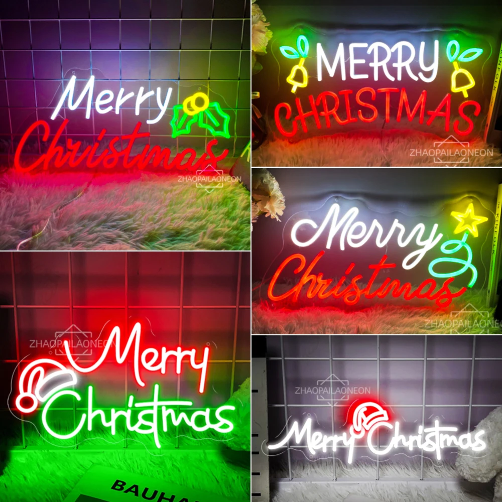 Linksmos Kalėdų lemputės LED neoninis ženklas Pagrindinis kambarys Dekoras Siena Kabanti laimingų Naujųjų metų neoninės šviesos LED ženklas Kalėdų eglutės dekoravimas Nuotrauka 0