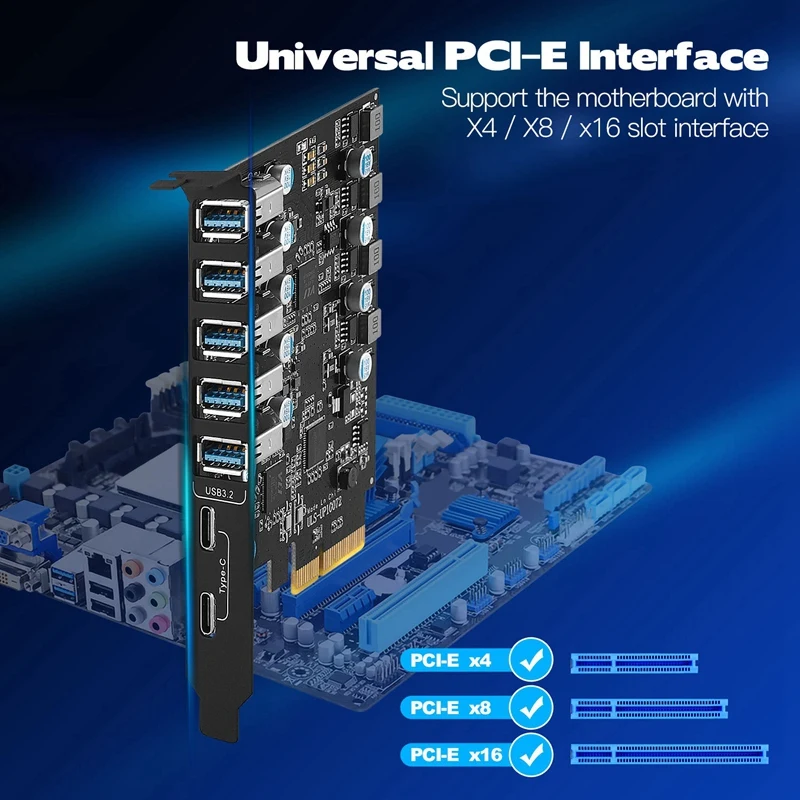 PCI-E į USB 3.2 tipo kortelės Gen 2 adapteris su 20 Gbps pralaidumu 7 prievadų (5XUSB-A+2Xtype-C) išplėtimo kortelės palaikymas MAC 10G Nuotrauka 4