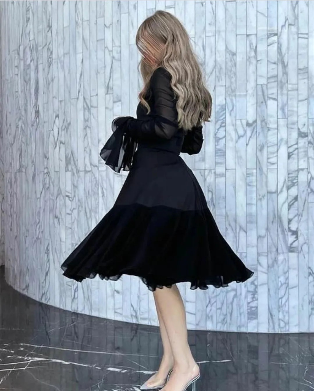 Trumpos juodos šifono vakarinės suknelės su rankovėmis A-Line aukšto kaklo arbatos ilgis Vestidos de noite Prom Oficiali suknelė moterims Nuotrauka 1