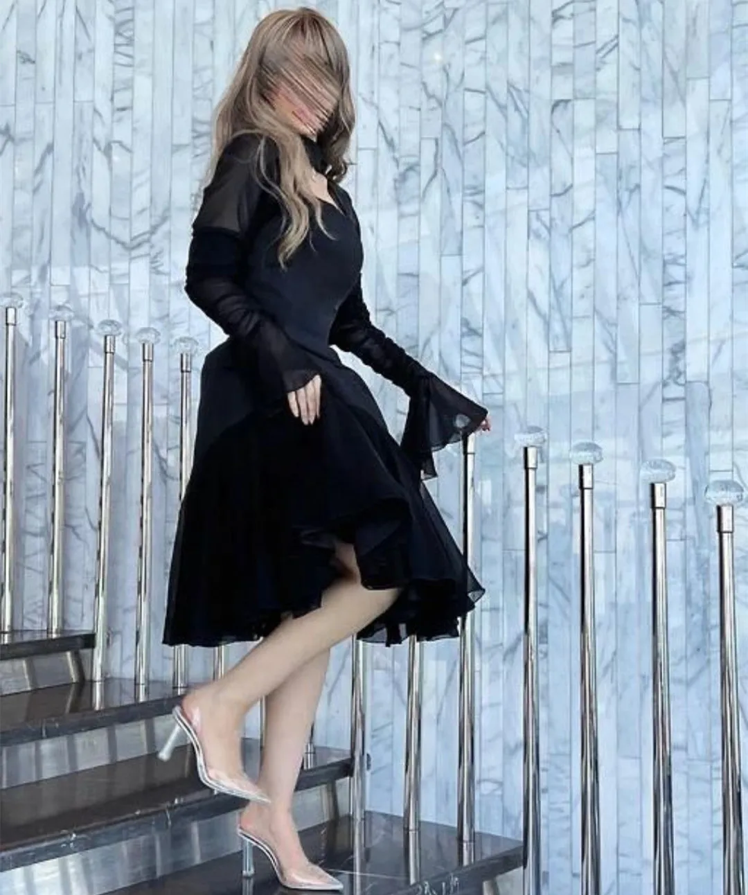 Trumpos juodos šifono vakarinės suknelės su rankovėmis A-Line aukšto kaklo arbatos ilgis Vestidos de noite Prom Oficiali suknelė moterims Nuotrauka 2