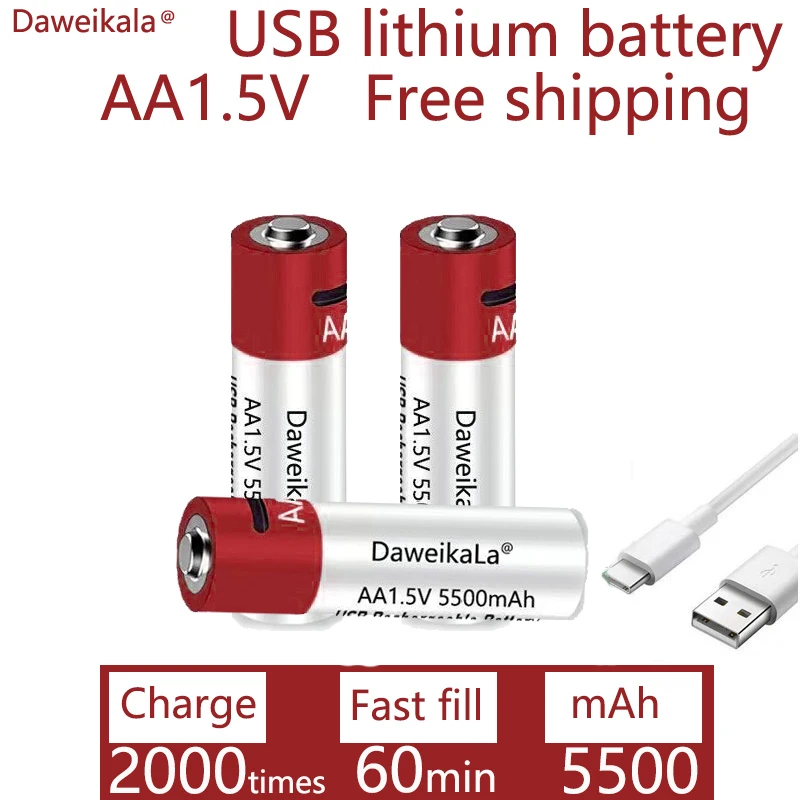 2024 Nauja AA USB įkraunama Li jonų baterija 1.5V AA 5500mah / Li jonų baterija žaislams MP3 grotuvo termometro klaviatūra Nuotrauka 1