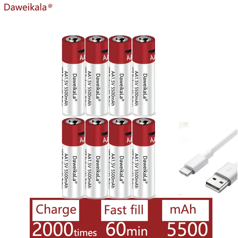 2024 Nauja AA USB įkraunama Li jonų baterija 1.5V AA 5500mah / Li jonų baterija žaislams MP3 grotuvo termometro klaviatūra Nuotrauka 3