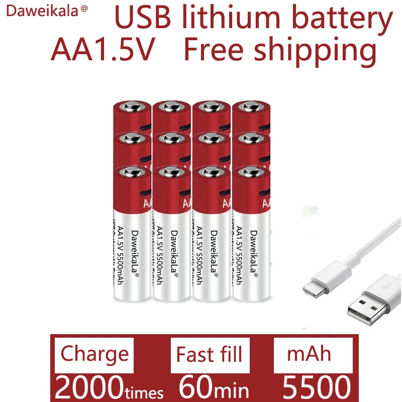 2024 Nauja AA USB įkraunama Li jonų baterija 1.5V AA 5500mah / Li jonų baterija žaislams MP3 grotuvo termometro klaviatūra Nuotrauka 5