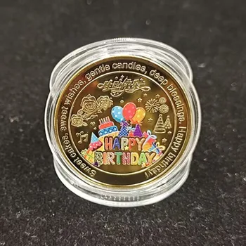 1.5mm laimingos su gimtadieniu torto monetos metalinės monetos Paauksuotos spalvingos kolekcinės monetos vaikų gimtadienio dovanoms