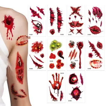 Helovino veido rando žaizdos randas Laikinas Helovino lipdukas Neperšlampamas 10 lakštų Kruvini tikroviški netikri randai su netikru krauju