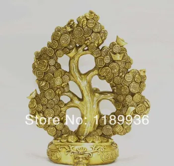kinų liaudies varinė bronza Feng shui Lucky Wealth Money YuanBao monetų medžio statula