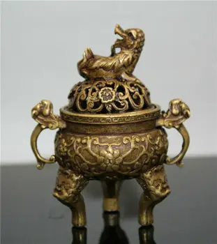 Kolekcija Kinų žalvario rankomis raižytas mažas Drakono liūto dangčio smilkalų degiklis