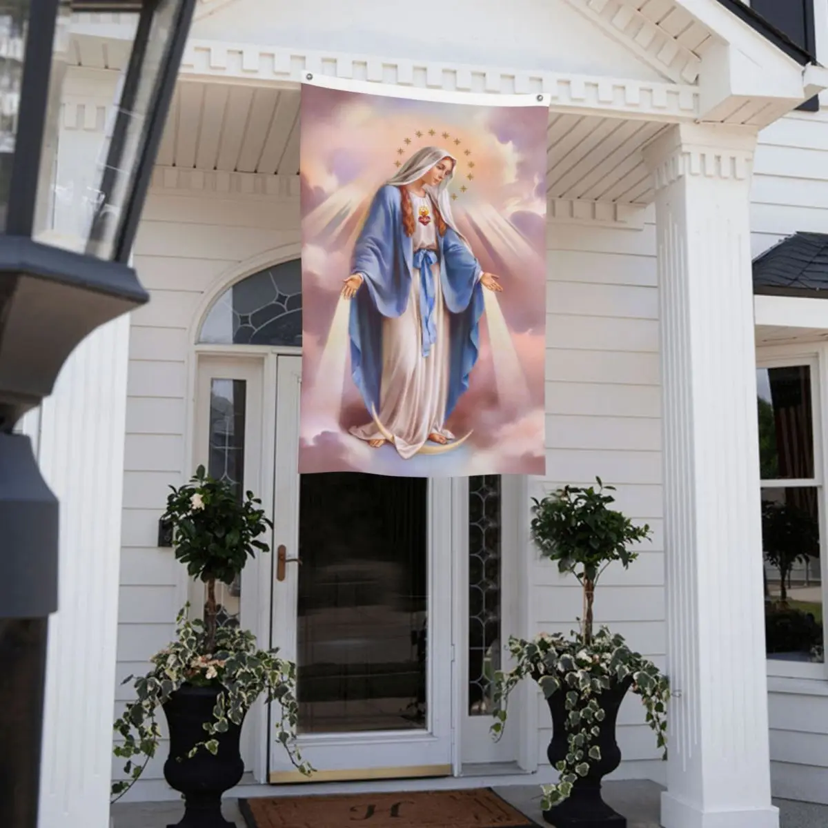 Dievo Motinos Gvadalupės vėliavos Dvipusis vidaus lauko reklaminis skydelis Mergelė Marija Kristianas 2 Grommets namų kambarys Bendrabučio siena 90x150cm Nuotrauka 5